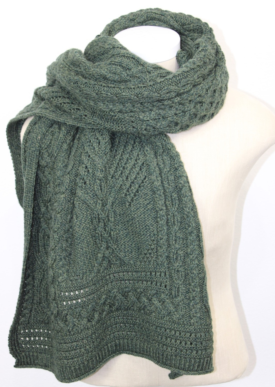 Aran Crafts Ireland 100% Merino Wool Cable Knit Scarf Ireland Green 64" x 25"